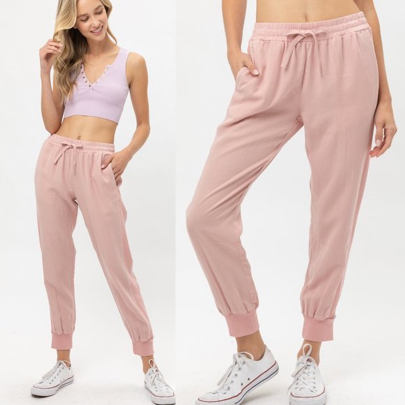 NEW Pink Tencel High Waist Rib Panel Jogger Pants - Picture 8 of 9